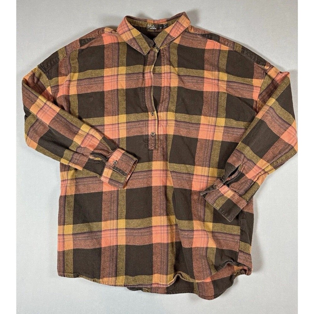 prAna Mens M Regular Brown/Orange/Green Plaid Flannel Cotton LS Button-Up